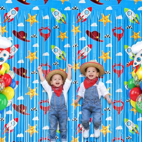 Toy Birthday Party Backdrop, 2 Pack Toy Theme Foil Fringe Curtains for Kids Birthday Decorations, Tinsel Streamers Photo Booth Background for Toy Themed Party Decor in Kuwait