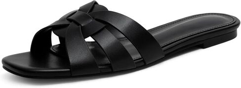 Women's Square Toe Slide Sandals – Faux Leather Flat Slip-On, Casual Summer Dressy Shoes in Kuwait
