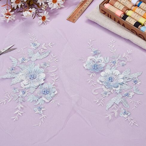 2PCS Blue Flower Lace Applique Beaded Pearl Lace Applique Beaded Flower Patches Iron on Sew on Embroidery Flowers Patch for DIY Wedding Bridal Dress Floral Clothes Patches 11.2x5.7 Inch in Saudi Arabia