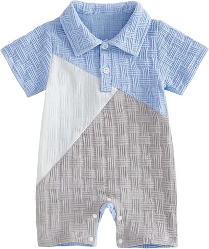 Newborn Baby Boy Summer Outfit Button Down Collared Polo Romper Short Sleeve Jumpsuit Bodysuit One Piece Clothes in Kuwait