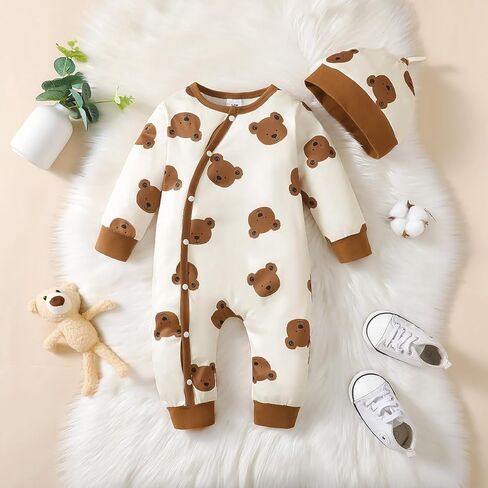 Baby Boys' Teddy Bear Print Romper & Hat Set – Beige Brown Outfit for 1M-18M Infants in Kuwait