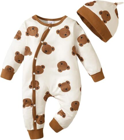 Baby Boys' Teddy Bear Print Romper & Hat Set – Beige Brown Outfit for 1M-18M Infants in Kuwait