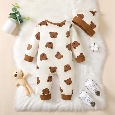 Baby Boys' Teddy Bear Print Romper & Hat Set – Beige Brown Outfit for 1M-18M Infants in Kuwait