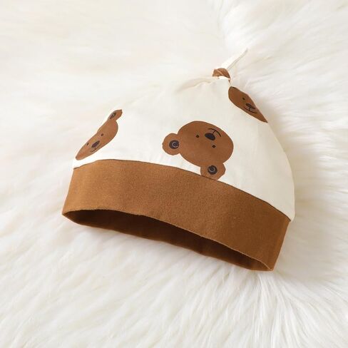 Baby Boys' Teddy Bear Print Romper & Hat Set – Beige Brown Outfit for 1M-18M Infants in Kuwait