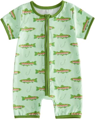 Muasaaluxi Newborn Baby Boy Fishing Outfit Short Sleeve Fish Print Zipper Romper Infant Summer One-Piece Jumpsuit 0-18M in Kuwait