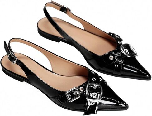 BEAUUDRM المرأة Slingback الشقق أشار تو كعب منخفض حذاء مسطح مشبك معدني جلد الباليه الشقق أنيق حزب العمل الأحذية in Kuwait