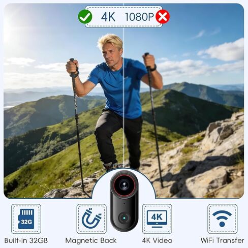 4K Thumb Action Camera,POV Cameras Wearable Mini Body Camera with 32GB Card Portable Vlogging Hands-Free POV Recording Sport Action Video Cam, Helmet Cam for Fishing,Hiking,Cycling, Motorcycle in Kuwait