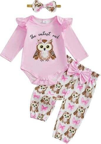 Ayalinggo Newborn Baby Girl Clothes Owl Ruffle Long Sleeve Romper Onesie and Casual Pants Winter Spring Outfit Clothing Set in Kuwait
