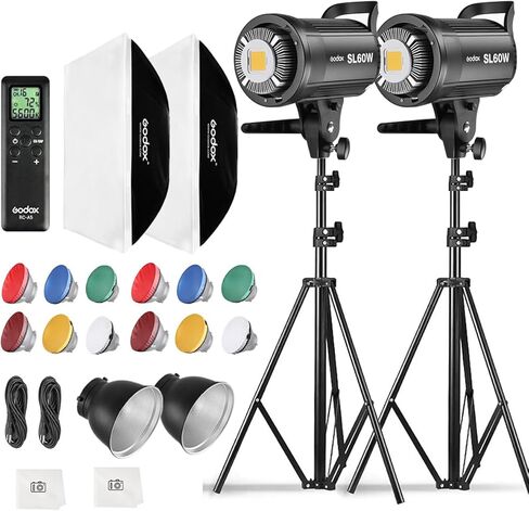 طقم إضاءة فيديو LED من Godox 2Pack SL60W Studio للتصوير الفوتوغرافي، مجموعة إضاءة مستمرة 60 وات، ضوء فلاش مثبت على بوينز 5600K مع صندوق ناعم، جهاز تحكم عن بعد، حامل لتسجيل الفيديو، تصوير صورة المنتج in Kuwait