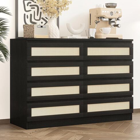 Jojoka 47" Rattan 8-Drawer Dresser, Modern Farmhouse Storage Chest, Multi-Functional TV Stand & Entryway Table, Large Storage Furniture for Bedroom Living Room Nursery,White in Kuwait