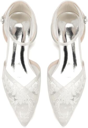 Women's Lace Wedding Flats for Bride Closed Toe Ankle Strap Satin Bridal Shoes in Saudi Arabia