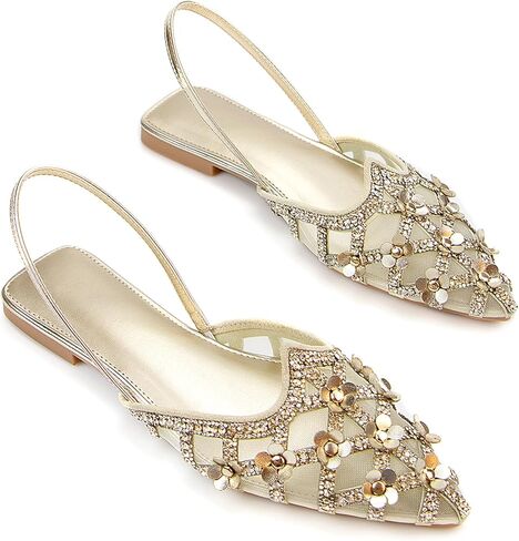 Embellished Pointed Toe Slingback Flats for Women, Gold Sequin and Crystal Mesh Detail, Champagne Gold in Saudi Arabia