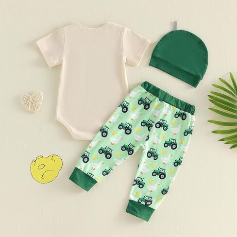 Newborn Baby Boy Farm Outfit Tractor Goose Letter Short Sleeve Romper and Printed Pants Hat 3Pcs Clothes in Saudi Arabia
