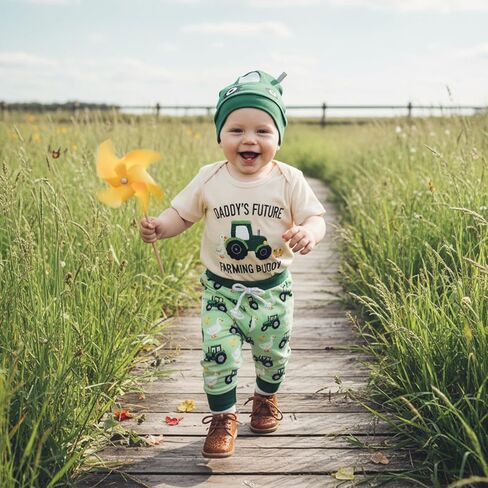 Newborn Baby Boy Farm Outfit Tractor Goose Letter Short Sleeve Romper and Printed Pants Hat 3Pcs Clothes in Saudi Arabia