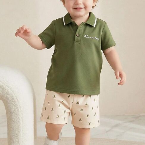 Boys 2 Piece Shorts Set Baby Boy Outfit Summer Clothes Polo Collar Shirt Elastic Waist Casual Preppy Set in Kuwait