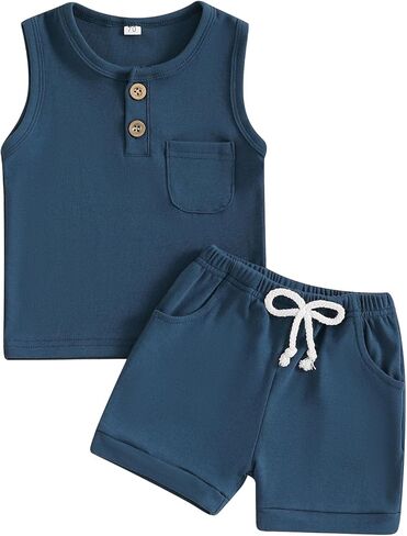 Toddler Baby Boy Summer Clothes Outfits Set Solid Color Sleeveless Tank Tops with Pocket + Shorts in Saudi Arabia