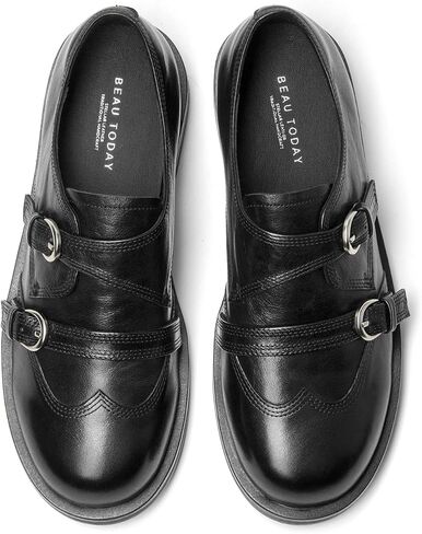BEAU TODAY Women's Monk Strap Loafers, Genuine Leather Oxfords for Women, Comfortale Business Casual Ladies Loafers, Double Buckles Deign, Brogue Wingtip Slip-on Loafer Flats in Kuwait