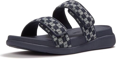FitFlop Women's F-MODE GO Adjustable Checkerboard-Denim Two-Bar Slides with Cushioned Microwobbleboard Midsole & Chunky Sole in Kuwait