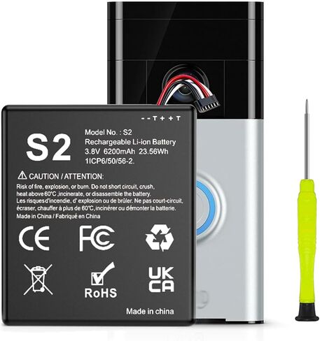 بطارية S2 (6-Pin)، بطارية ليثيوم أيون مطورة عالية السعة 6200 مللي أمبير في الساعة لجرس الباب بالفيديو من الجيل الثاني (إصدار 6 كابل فقط) in Kuwait