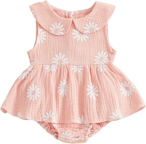 Newborn Baby Girl Summer Outfit Daisy Flower Print Bubble Romper Dress Peter Pan Collar Sleeveless Bodysuit Clothes in Kuwait