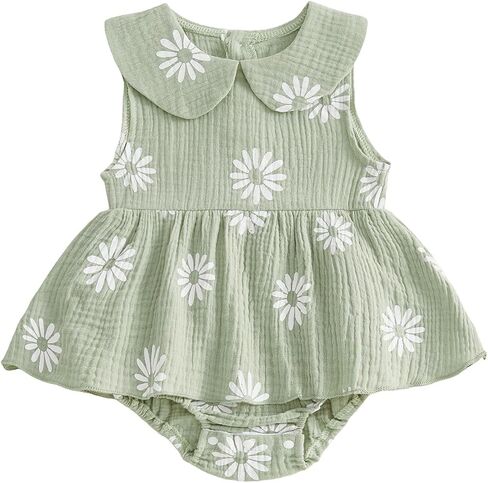 Newborn Baby Girl Summer Outfit Daisy Flower Print Bubble Romper Dress Peter Pan Collar Sleeveless Bodysuit Clothes in Saudi Arabia