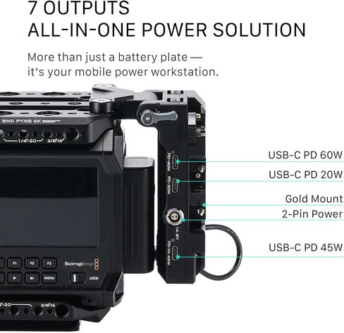 لوحة بطارية قابلة للطي من Tilta متوافقة مع قفص الكاميرا Blackmagic Pyxis 6K/12K | جبل الذهب | تصميم دوار قابل للتبديل السريع | 60 واط USB-C PD | صنبور P مزدوج | إخراج ثنائي الدبوس | مدخل USB-C بقدرة 45 وات | أسود in Kuwait