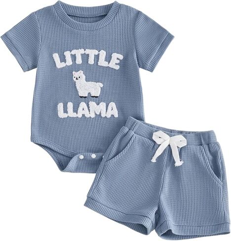 Little Llama Newborn Outfit Baby Boy 2Pcs Summer Clothes Infant Short Sleeve Letter Romper and Waffle Shorts Sets in Kuwait