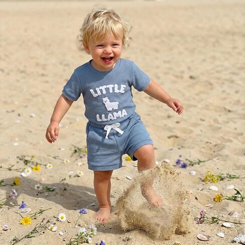 Little Llama Newborn Outfit Baby Boy 2Pcs Summer Clothes Infant Short Sleeve Letter Romper and Waffle Shorts Sets in Kuwait