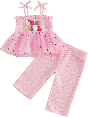 Kayotuas طفل الفتيات عيد ميلاد الزي BDAY GIRL Smocked أكمام تانك ملابس علوية موسلين الكتان فستان أطفال مع سروال داخلي كعكة سحق وتتسابق in Kuwait