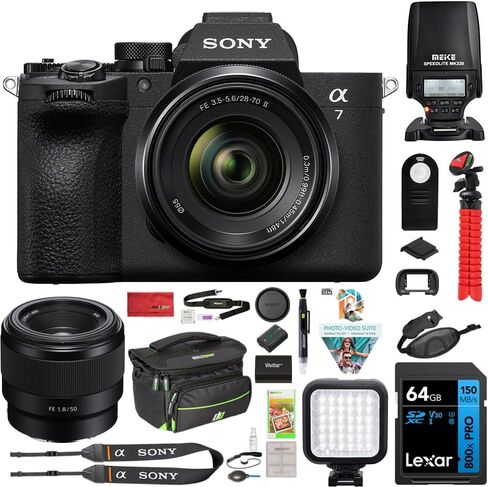 كاميرا Sony ILCE-7M5M/B a7 V كاملة الإطار بدون مرآة مع مجموعة عدسات II 28-70 مم مع عدسة FE مقاس 50 مم F1.8، فلاش Speedlight، مونوبود 72 بوصة، بطاقة 64 جيجابايت، مجموعة Corel Photo Video Suite، حقيبة كاميرا صور ديكو + المزيد in Kuwait