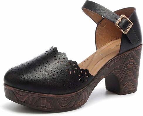 Mintzice Women's Casual Wood Grain Low Chunky Heels Sandals Closed Round Toe Ankle Strap Dressy Clogs in Kuwait