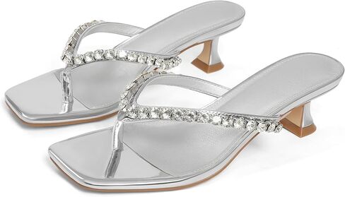 Eteridrey Kitten Heels for Women Flip Flop Heels Square Open Toe Thong Rhinestone Sandals Comfortable Low Heeled Sandals for Summer in Kuwait