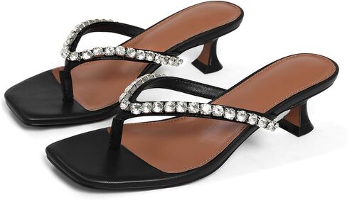 Eteridrey Rhinestone Flip Flop Heels Women Square Toe Kitten Heel Summer | 2" Low Heel • Rhinestone Strap • Backless Slip-On • Cute Heeled Sandals • Wedding Party, Going Out Dresses in Saudi Arabia