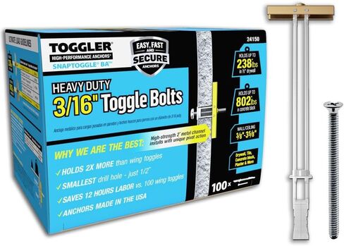 Toggler Snapptoggle BA Toggle Anchor with Bolts, Zinc-Plated Steel Channel, Made in US, 3/8" to 3-5/8" Grip Range, For 3/16"-24 UNC Fastener Size (2 Packs of 10) in Saudi Arabia