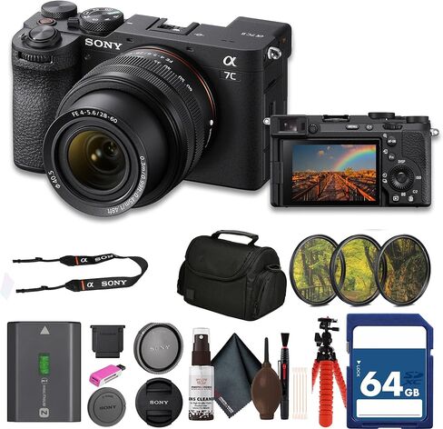 Sony a7C II Mirrorless Camera with 28-60mm Lens (ILCE-7CM2L/B) + 64GB Card + Filter Kit + Bag + Card Reader + Flex Tripod + Cleaning Kit in Kuwait