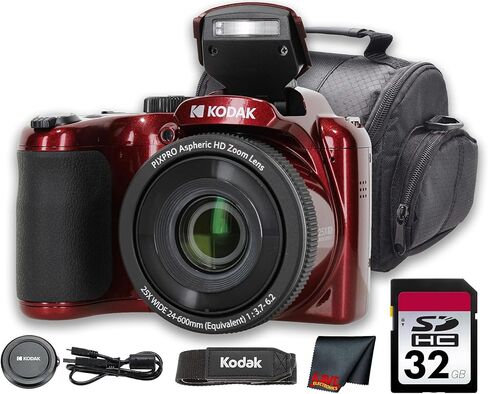 كاميرا كوداك PIXPRO AZ255 الرقمية (أحمر) | مستشعر 16 ميجابكسل، تكبير بصري 25x، عدسة واسعة الزاوية 24 ملم وتثبيت الصورة البصرية | رائعة لصور السفر والمسافات (AZ255RD) + بطاقة سعة 32 جيجابايت + حقيبة + قطعة قماش in Kuwait