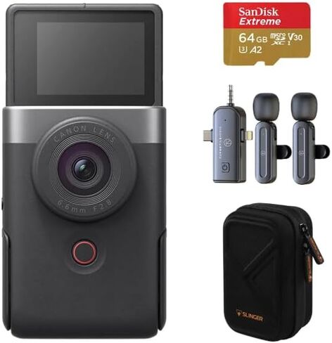 كاميرا Canon PowerShot V10 لتسجيل الفيديو مع شاشة فيديو 4K وشاشة قابلة للطي، وحزمة مع بطاقة microSDXC سعة 64 جيجابايت، وميكروفون Lavalier لاسلكي 3 في 1، وحقيبة كاميرا صغيرة، وضمان لمدة عام (فضي) in Kuwait