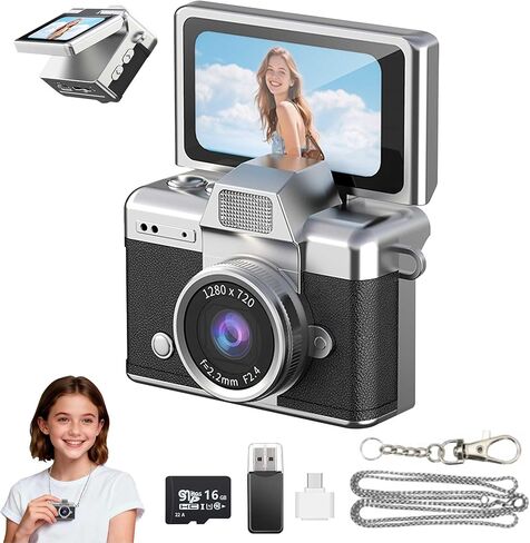 Mini Keychain Camera, 1.47" IPS Flip Screen Retro Digital Camera Pocket-Sized with Adapter and 16GB Card 6 Retro Filters Video Recorder with Long Battery Life for Travel, Party and Vlog (Black) in Saudi Arabia