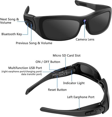 Sunglasses Camera HD 1080P Sport Camera, Sunglasses Videocamera, Bluetooth Sunglasses Cycling Sport Video Camera with Loop Recording and Earphones in Kuwait