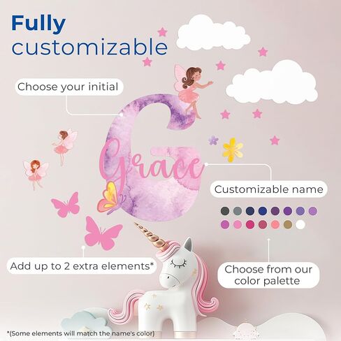 ملصقات مخصصة للاسم والأحرف الأولى للديكور الخيالي I Fairy Pink ديكور الغرفة لديكور غرفة نوم الفتاة I شارات جدارية شخصية خرافية لديكور غرفة الفتاة الصغيرة I خيارات متعددة الحجم in Kuwait