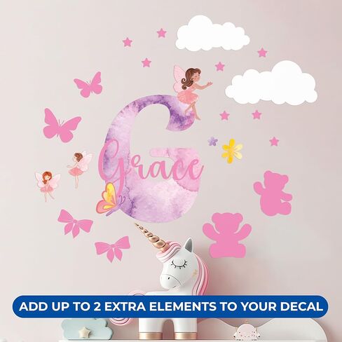 ملصقات مخصصة للاسم والأحرف الأولى للديكور الخيالي I Fairy Pink ديكور الغرفة لديكور غرفة نوم الفتاة I شارات جدارية شخصية خرافية لديكور غرفة الفتاة الصغيرة I خيارات متعددة الحجم in Kuwait