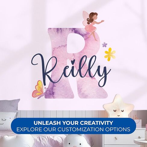 ملصقات مخصصة للاسم والأحرف الأولى للديكور الخيالي I Fairy Pink ديكور الغرفة لديكور غرفة نوم الفتاة I شارات جدارية شخصية خرافية لديكور غرفة الفتاة الصغيرة I خيارات متعددة الحجم in Kuwait