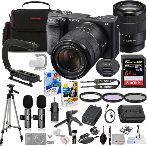 Sony a6400 Mirrorless Camera with 18-135mm Lens Bundle + Wireless Microphone System + Accessory Package Including 64GB Extreme Memory, U-Grip, Case, Tripod, Software and More (30 Items) in Kuwait