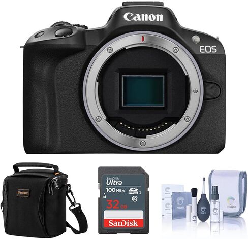 كاميرا Canon EOS R50 بدون مرآة، حزمة سوداء مع بطاقة SD سعة 32 جيجابايت، وحقيبة كتف، وأدوات تنظيف in Kuwait