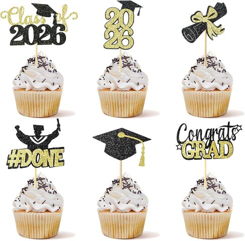 فئة 2025 تخرج كب كيك توبر - احتفل بيوم التخرج مع Tindobewan Glitter Congrats Grad Cupcake يختار الزخارف (24 ٪ ، أسود مع الذهب) S1 in Saudi Arabia
