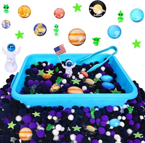 Solar System Sensory Bin for Toddlers, Science Themed with 8 Planets & Star Map, No-Mess Soft Pom Poms for Preschool Learning, Gifts for Boys Girls Age 3 4 5 6+ in Saudi Arabia