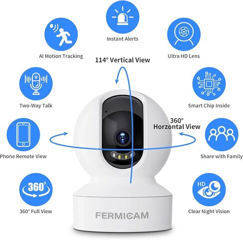 كاميرا أمان داخلية لاسلكية، كاميرات منزلية 360 درجة، كاميرا للحيوانات الأليفة بدقة 1080 HD، كشف الحركة، صوت ثنائي الاتجاه، رؤية ليلية، تخزين سحابي وبطاقة SD، WiFi-2.4G in Kuwait