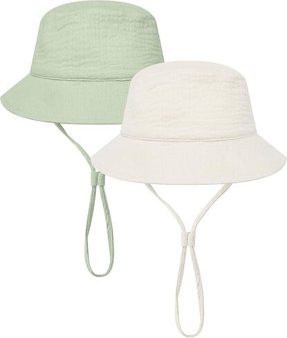 Cooraby 2 Pack Muslin Baby Sun Hat Bucket Hats with Wide Brim Adjustable Beach Hat for Boys Girls in Kuwait