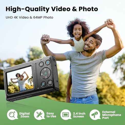 كاميرا رقمية بدقة 4K بدقة 64 ميجابكسل، كاميرا تسجيل فيديو بضبط تلقائي للصورة، كاميرات رقمية للتصوير الفوتوغرافي للأطفال والطلاب والبنات والمراهقين، 18X، بطاريتان، بطاقة 32 جيجابايت، أسود in Kuwait
