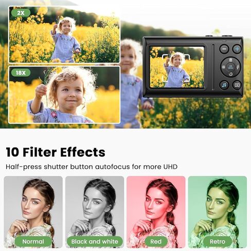 كاميرا رقمية بدقة 4K بدقة 64 ميجابكسل، كاميرا تسجيل فيديو بضبط تلقائي للصورة، كاميرات رقمية للتصوير الفوتوغرافي للأطفال والطلاب والبنات والمراهقين، 18X، بطاريتان، بطاقة 32 جيجابايت، أسود in Kuwait